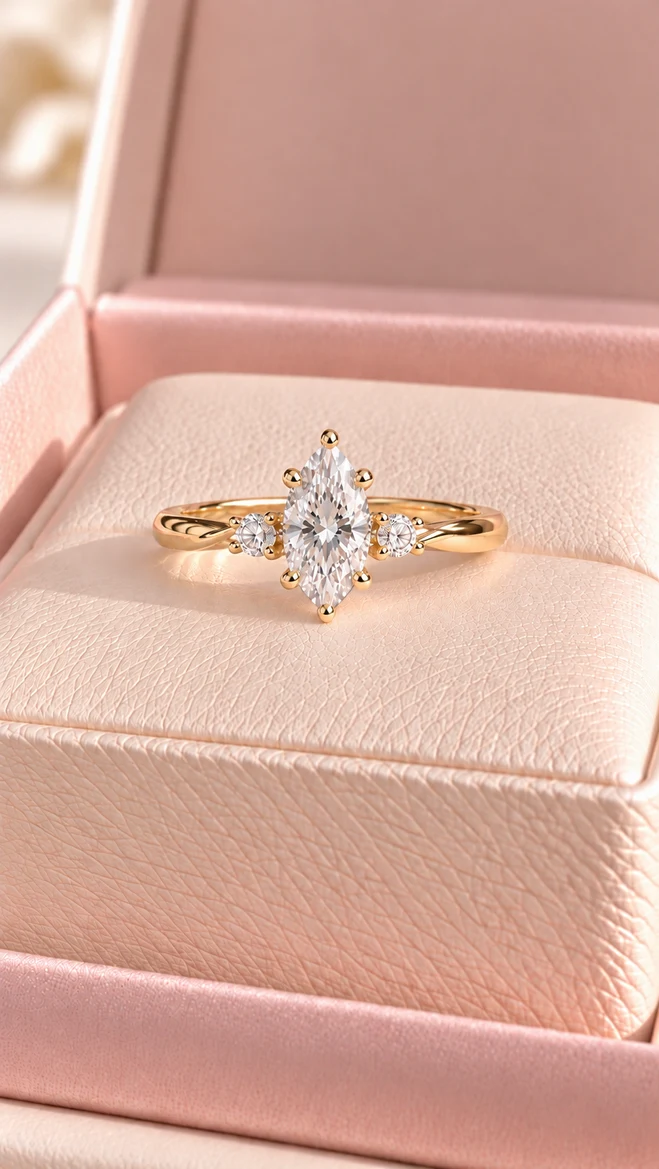 Anillo 3 gemas marquise con diamante natural, vista 1